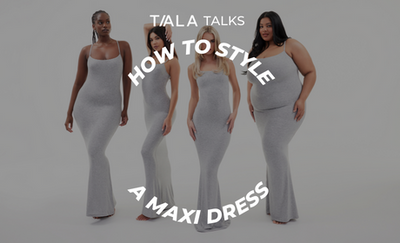4 TALA models wearing grey maxi dress with blog title overlaid