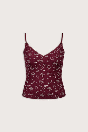 Cami Pyjama Vest - Burgundy 'Wind Down' Print