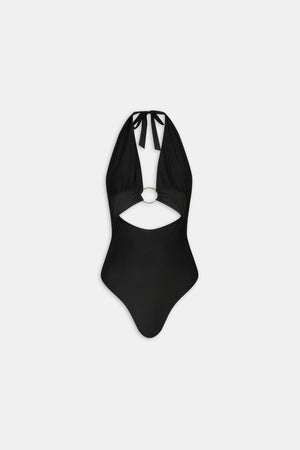 Halter Plunge Gold Ring Bikini Swimsuit - Black Onyx