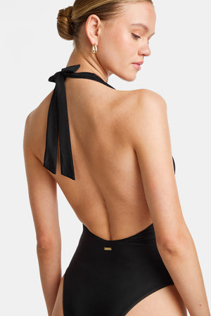 Halter Plunge Gold Ring Bikini Swimsuit - Black Onyx