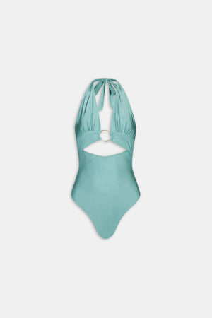 Halter Plunge Gold Ring Bikini Swimsuit - Teal