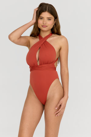 Hamptons Plunge Neck Multiway Swimsuit - Rust Orange